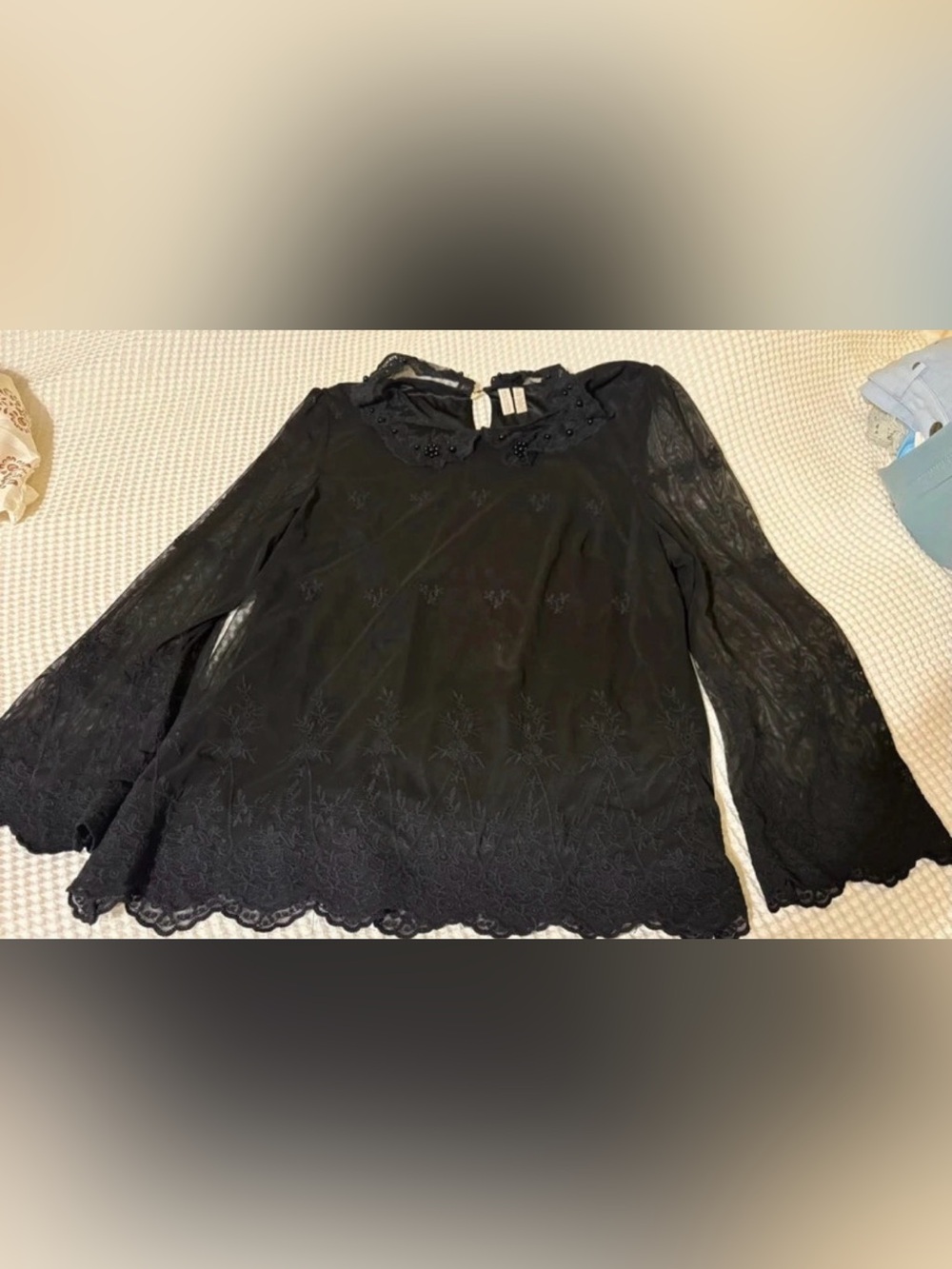 Madison Black Scalloped Lace-Trim Bell Sleeve Blouse